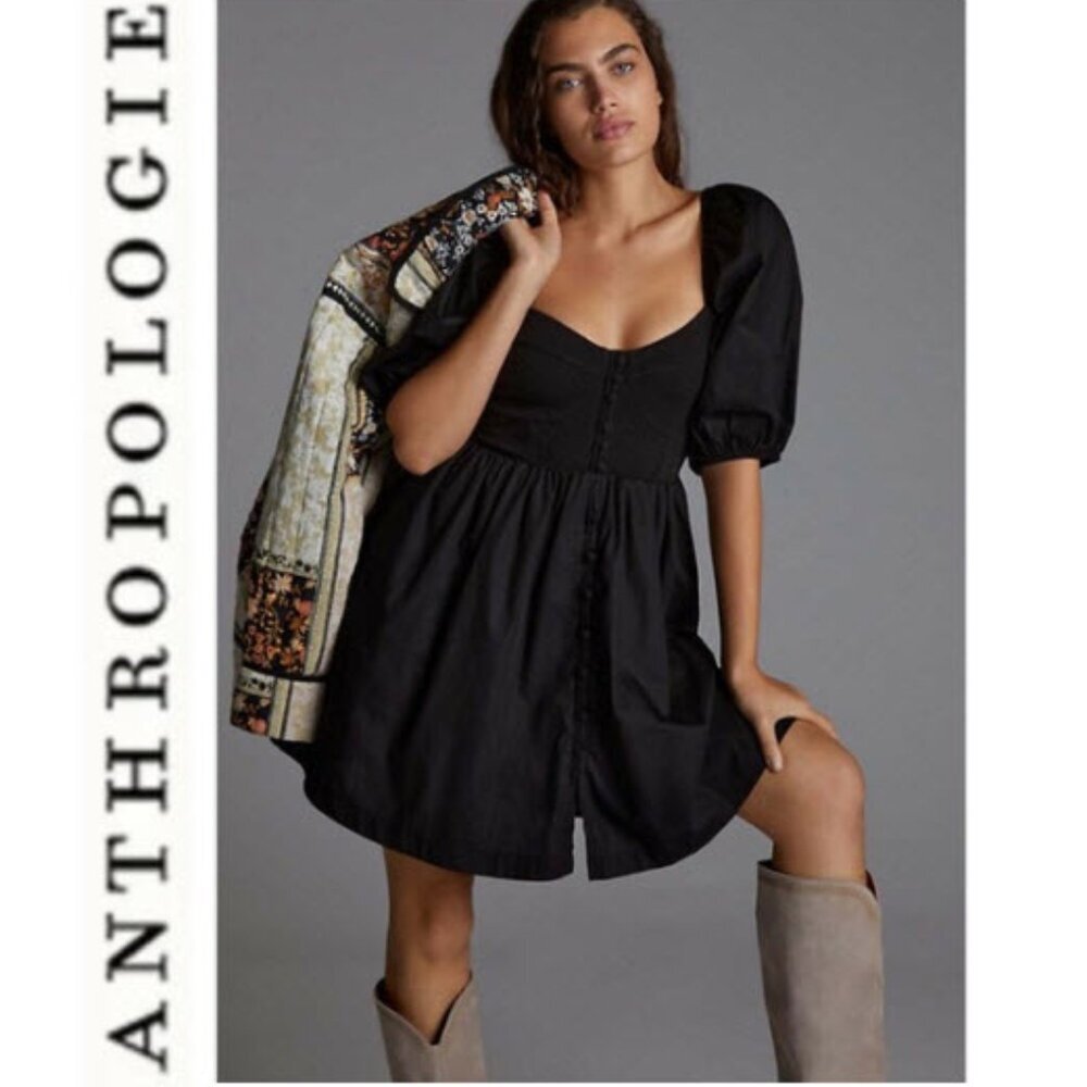 Anthropologie Black Puff Sleeve Sweetheart Mini Dress Smocked Back Boho Chic